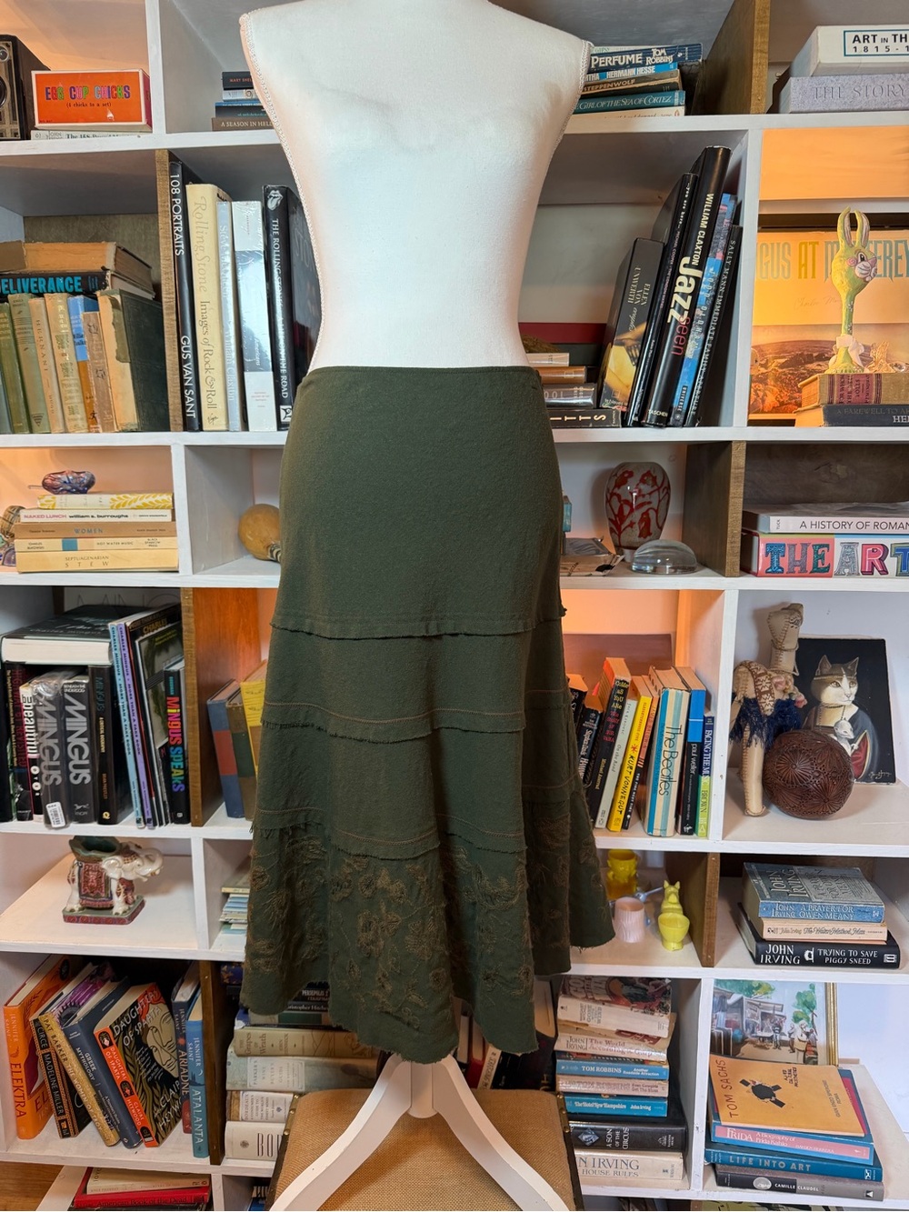 Jigsaw Olive Green Tiered Maxi Skirt with Lace Trim